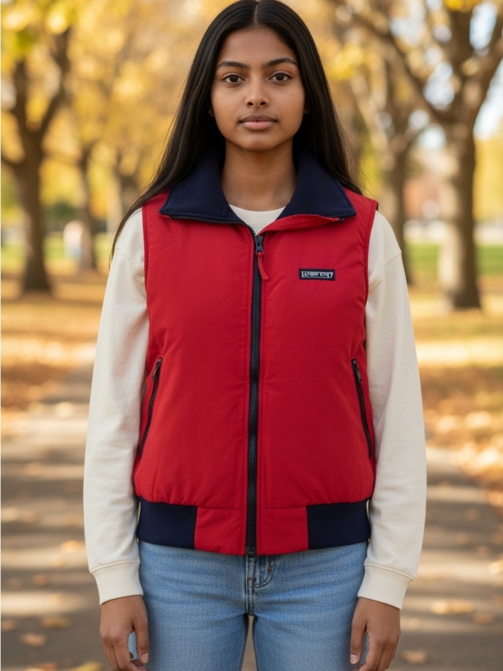 Lands' End Red Quilted Zip Vest with Navy Trim